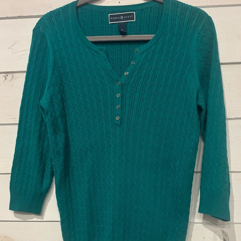 Karen Scott NWT Women's Teal Green Henley 3/4 Sleeve  Sweater in size medium - Picture 2 of 8